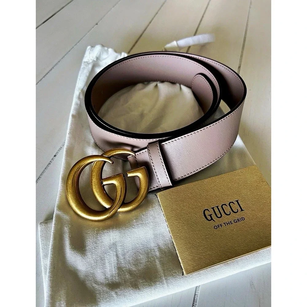 Authentic Gucci Marmont Taupe Dusty Pink GG Belt Gold Buckle size 38 w/ Bag